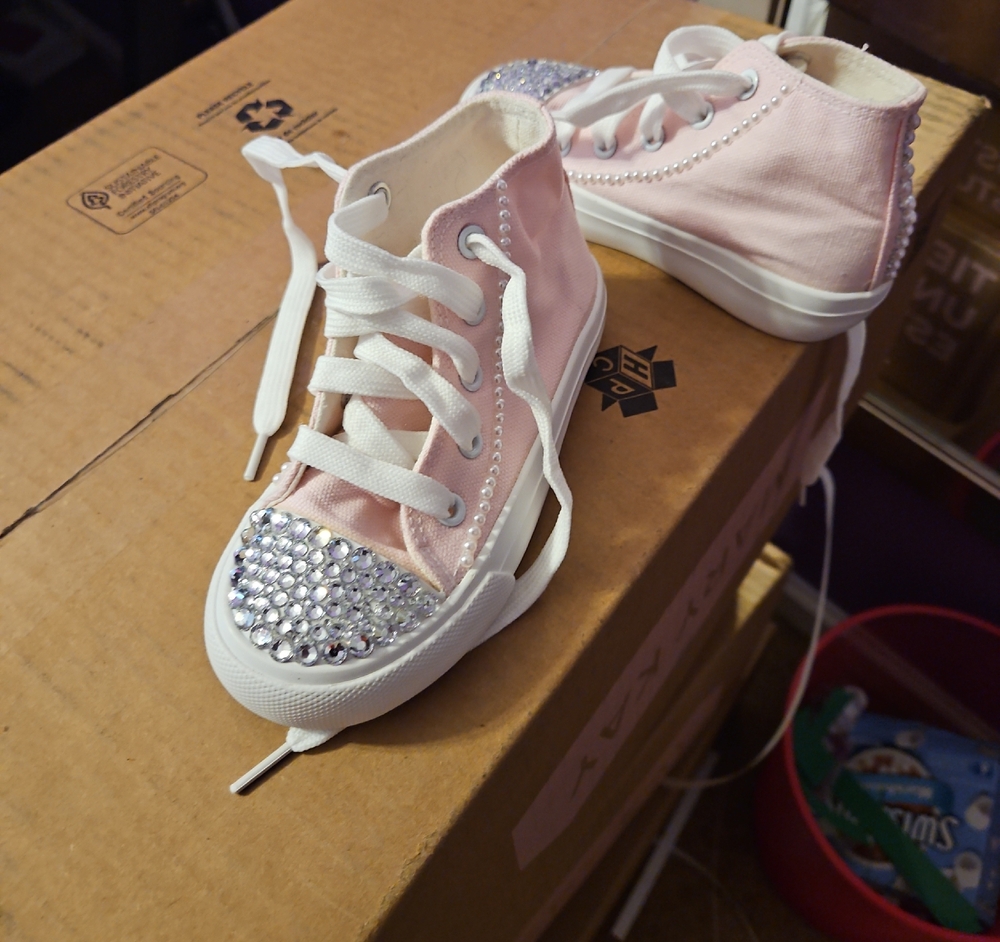 Amazon Pink and White Kids Sneakers with Rhinestones